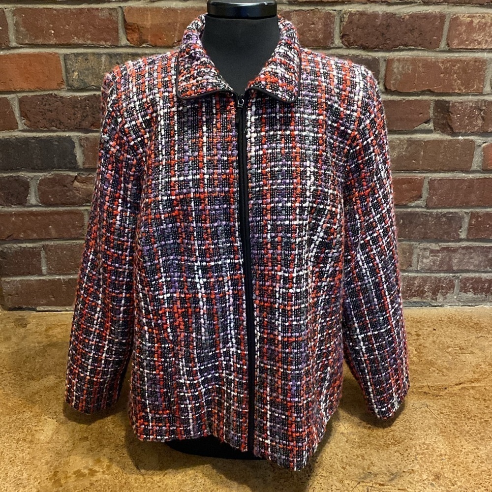 cj banks black, red‎ and pink zipper front wool tweed suit jacket coat